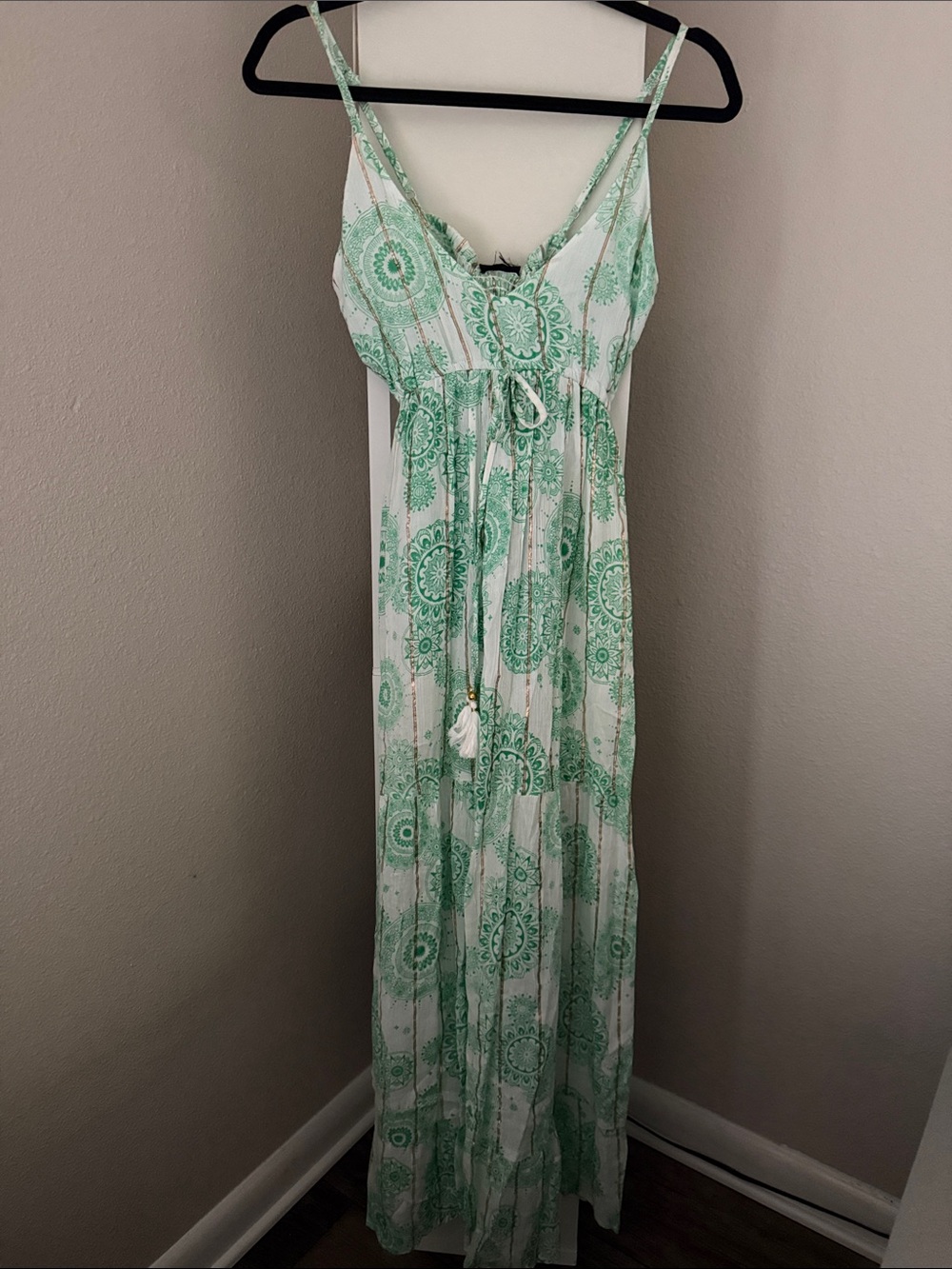 White and Mint Green Maxi Dress with Spaghetti Straps